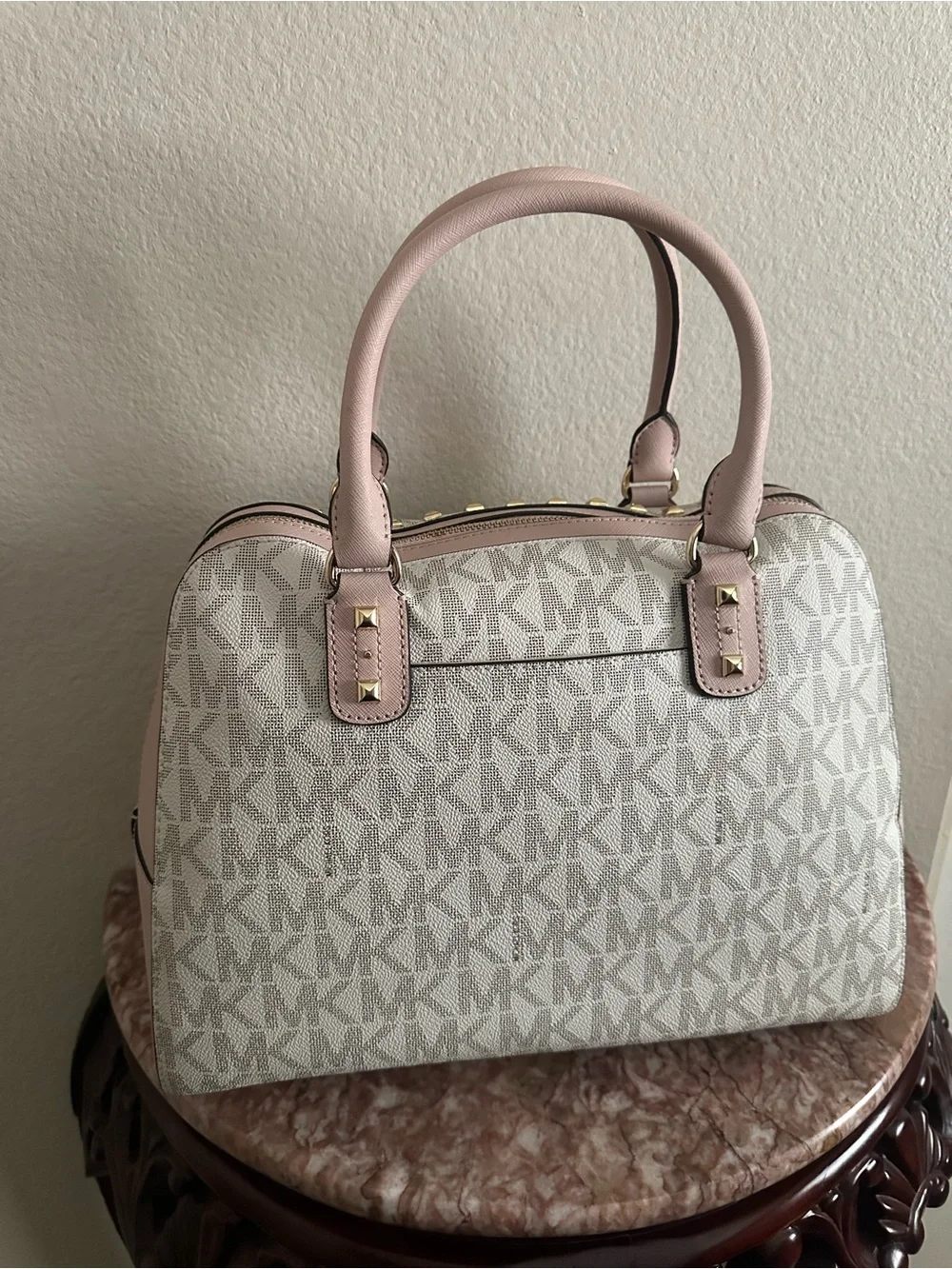 Michael Kors Blush Pink MK Logo Dome Satchel with Gold Studs